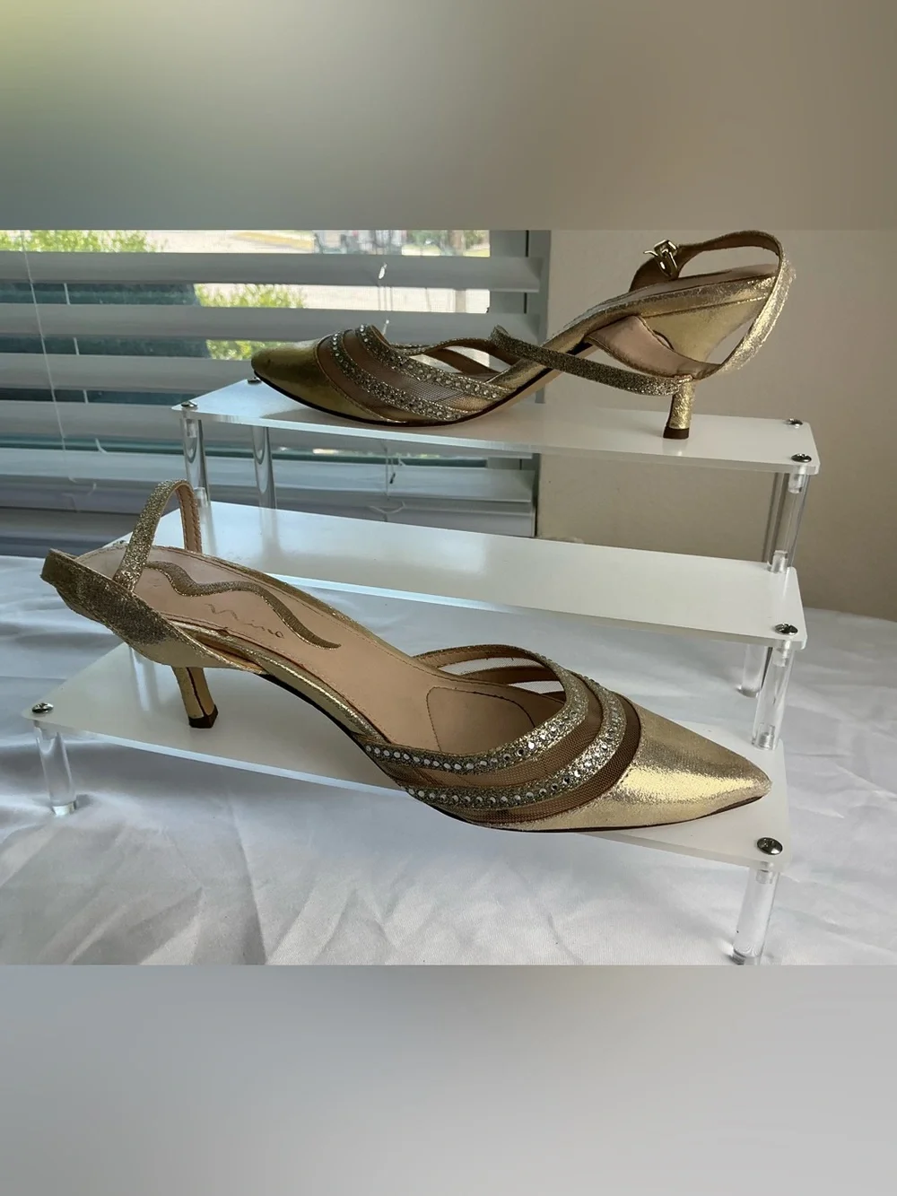 Nina Gold Rhinestone Slingback Kitten Heel Pointed Toe Pumps